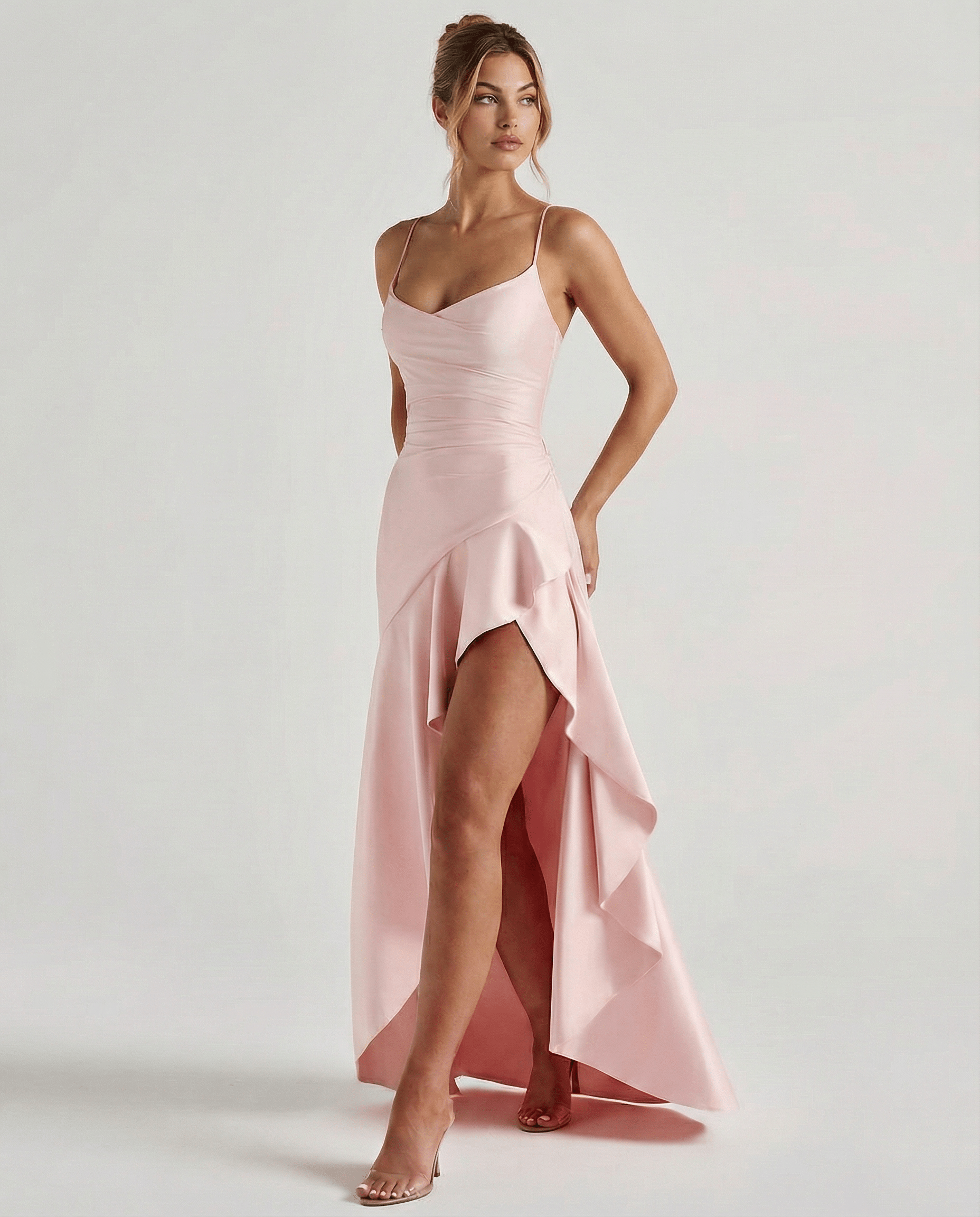 Formal Satin High-Low Maxi Dress with Draped Neckline for Special Occasions - We are MFEO