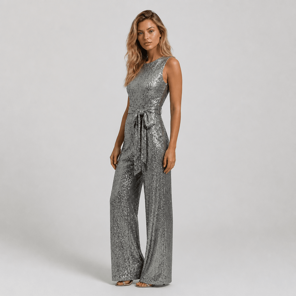 Gold Sequin Evening Jumpsuit – Wide Leg Design with Waist Tie for Formal Wear - We are MFEO