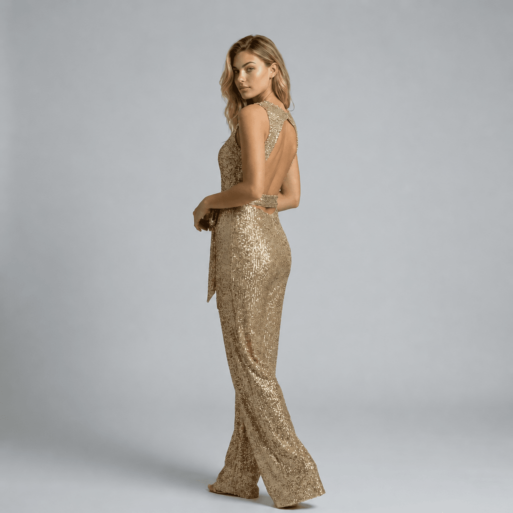 Gold Sequin Evening Jumpsuit – Wide Leg Design with Waist Tie for Formal Wear - We are MFEO