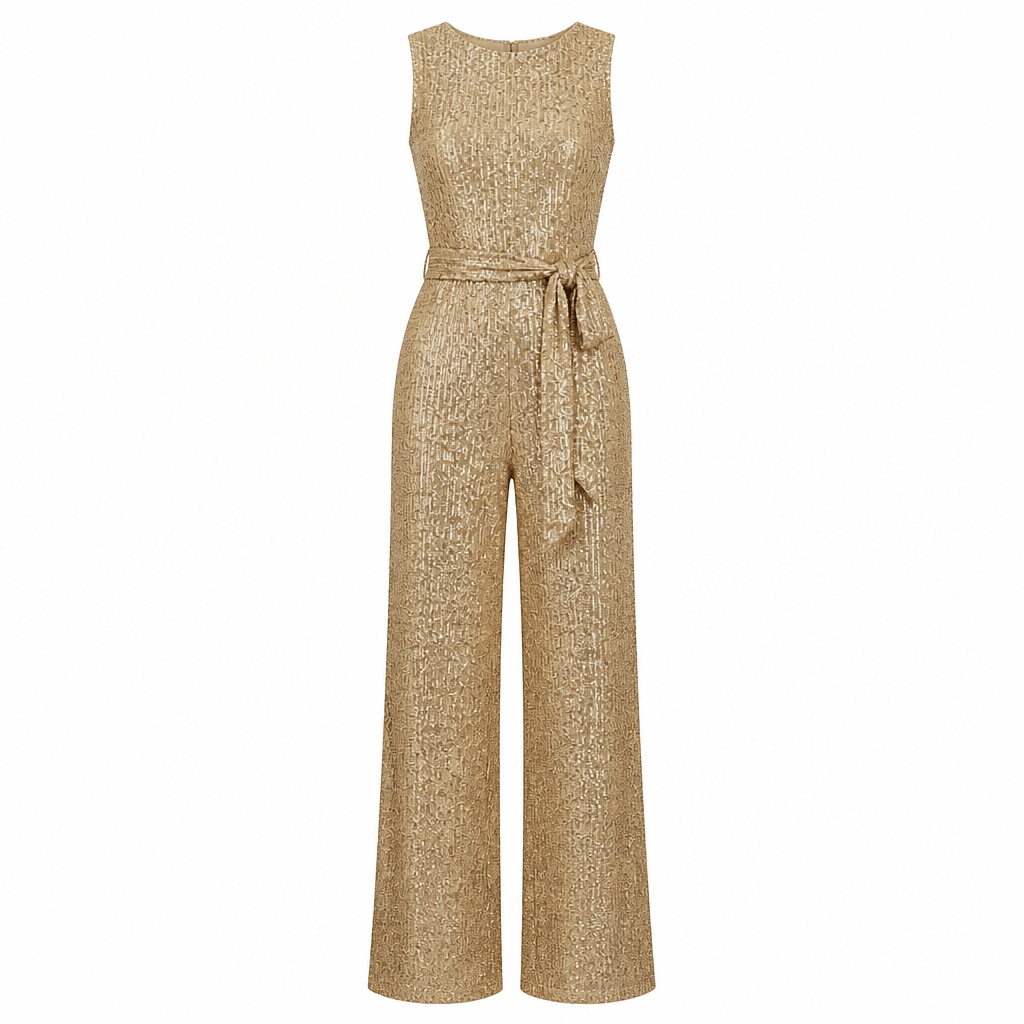 Gold Sequin Evening Jumpsuit – Wide Leg Design with Waist Tie for Formal Wear - We are MFEO