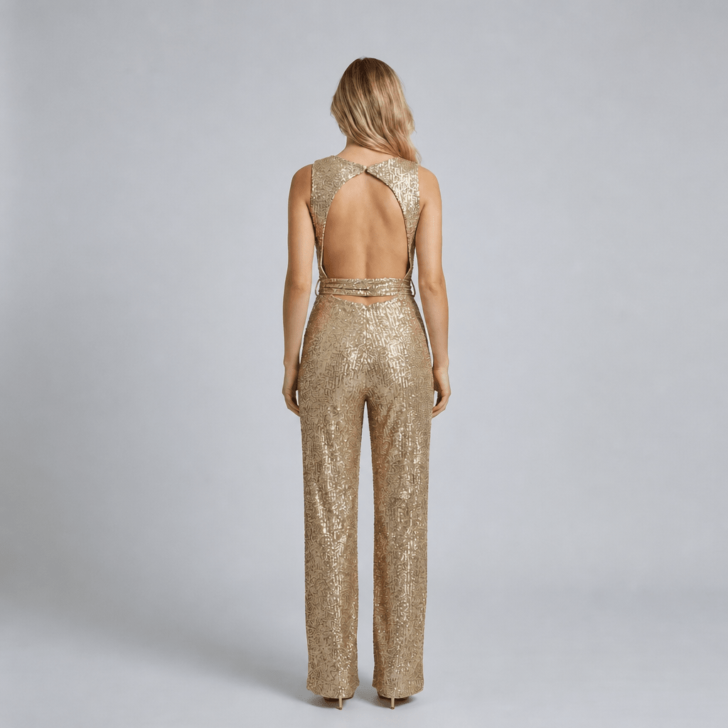 Gold Sequin Evening Jumpsuit – Wide Leg Design with Waist Tie for Formal Wear - We are MFEO