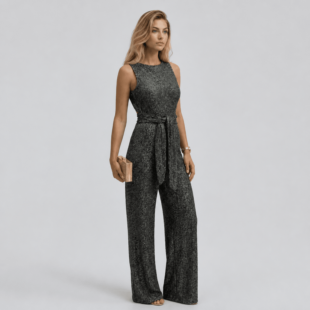 Gold Sequin Evening Jumpsuit – Wide Leg Design with Waist Tie for Formal Wear - We are MFEO