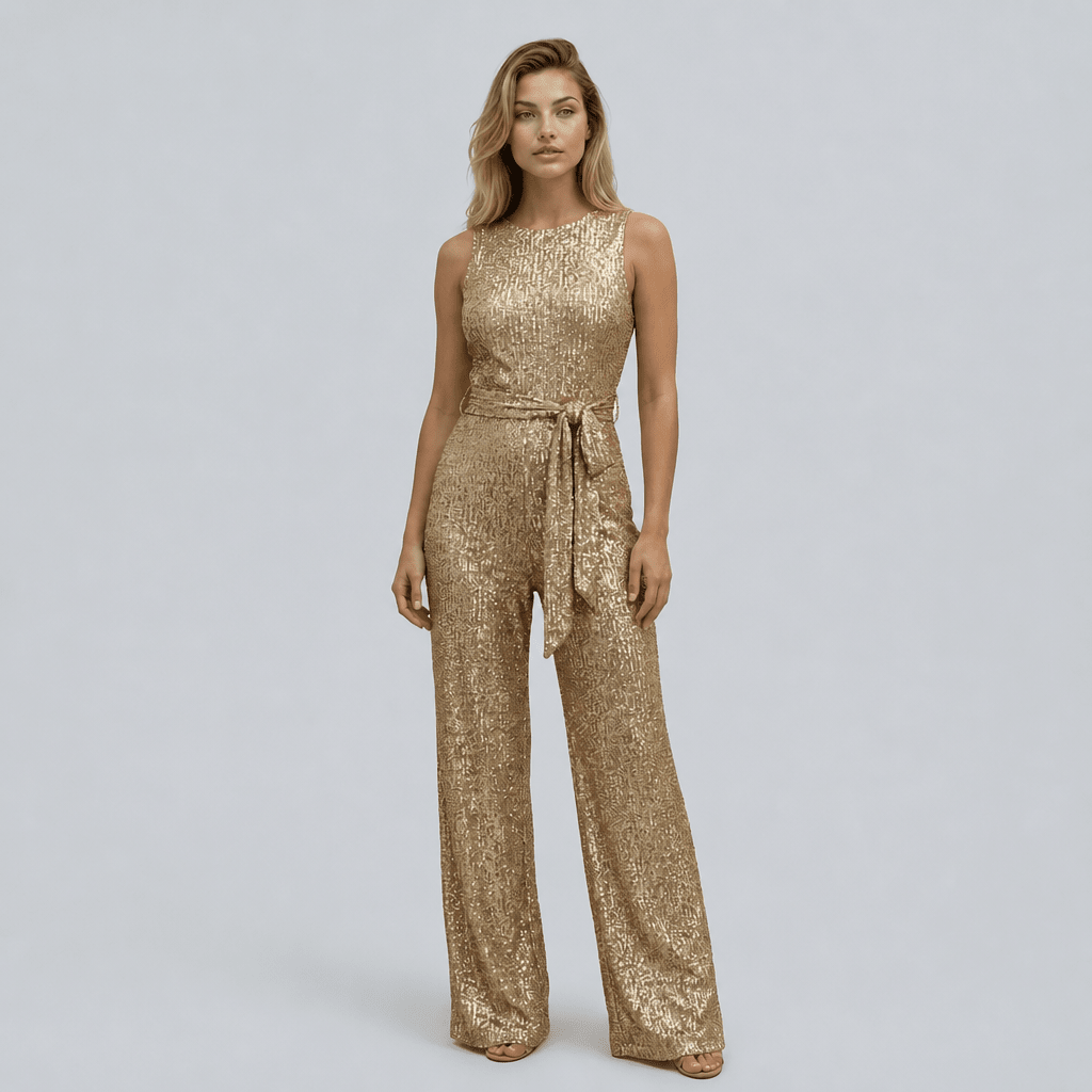 Gold Sequin Evening Jumpsuit – Wide Leg Design with Waist Tie for Formal Wear - We are MFEO