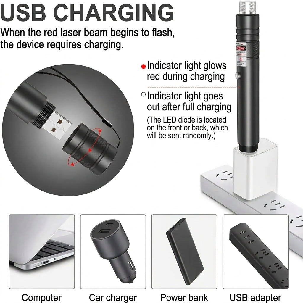 A diagram showing how to charge a USB laser pointer using a computer, car charger, power bank, or wall adapter.