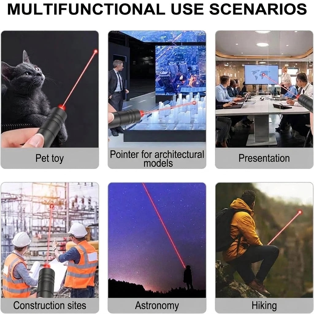 A collage showing six different uses for a laser pointer, including playing with a cat, presentations, and hiking.
