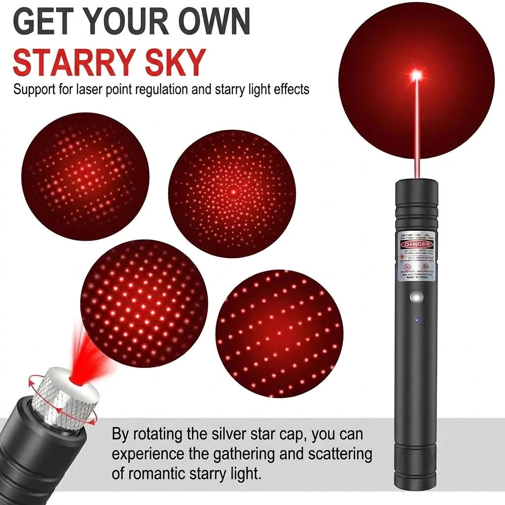 A red laser pointer shown with various starry light patterns created by rotating the adjustable silver cap.