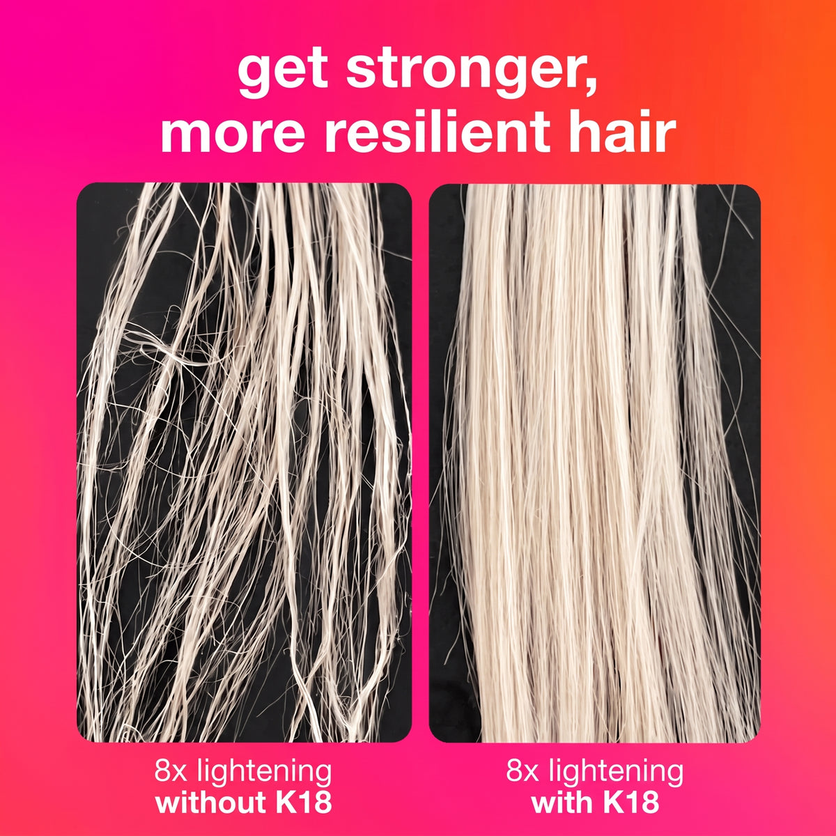 A comparison of blonde hair after 8 bleachings: damaged and frizzy without K18 versus smooth and healthy with K18.