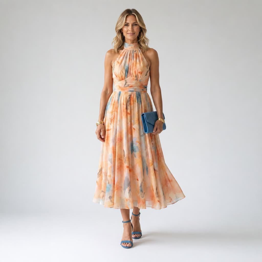 Halter Maxi Dress – Lightweight Chiffon, Watercolour Print for Summer Weddings - We are MFEO