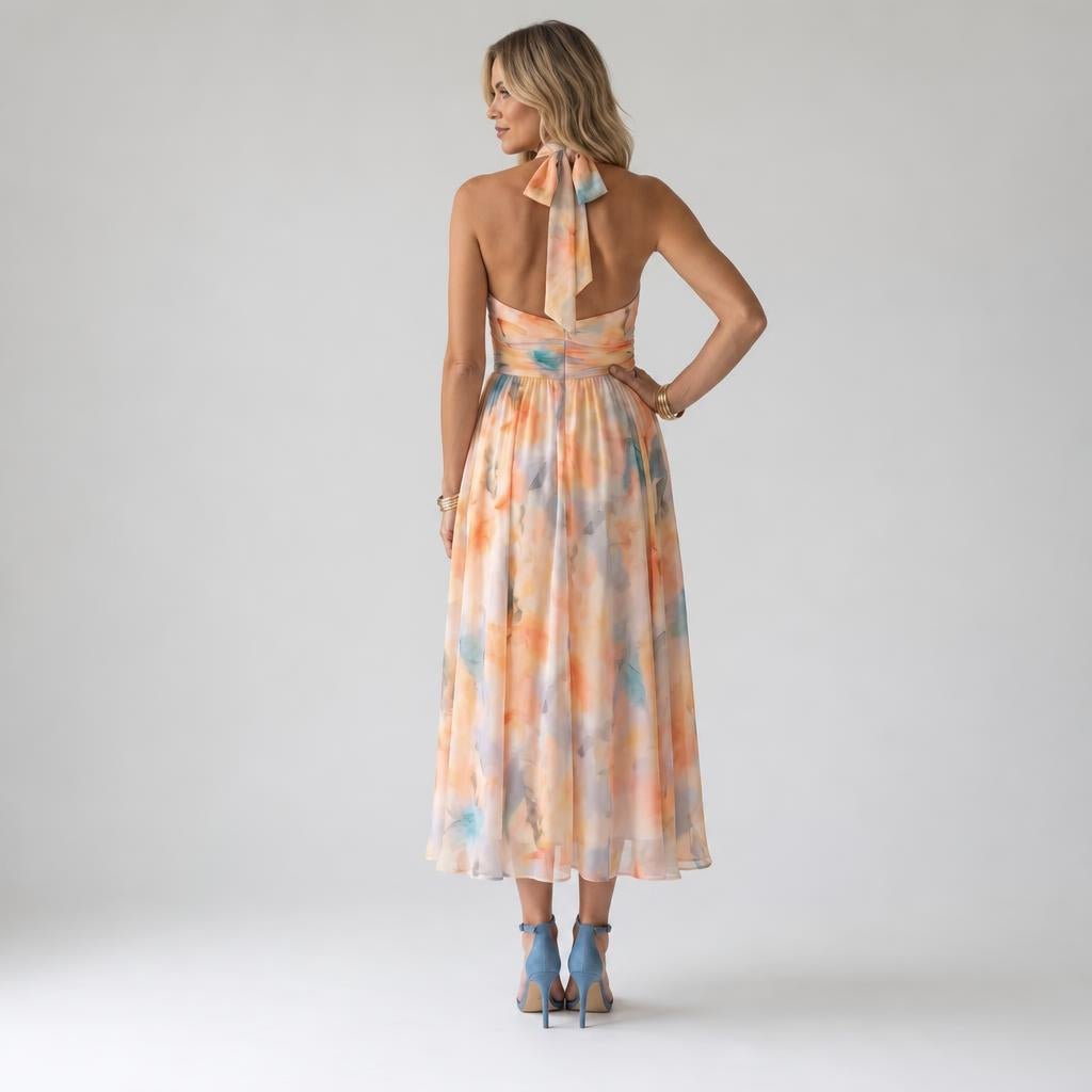 Halter Maxi Dress – Lightweight Chiffon, Watercolour Print for Summer Weddings - We are MFEO