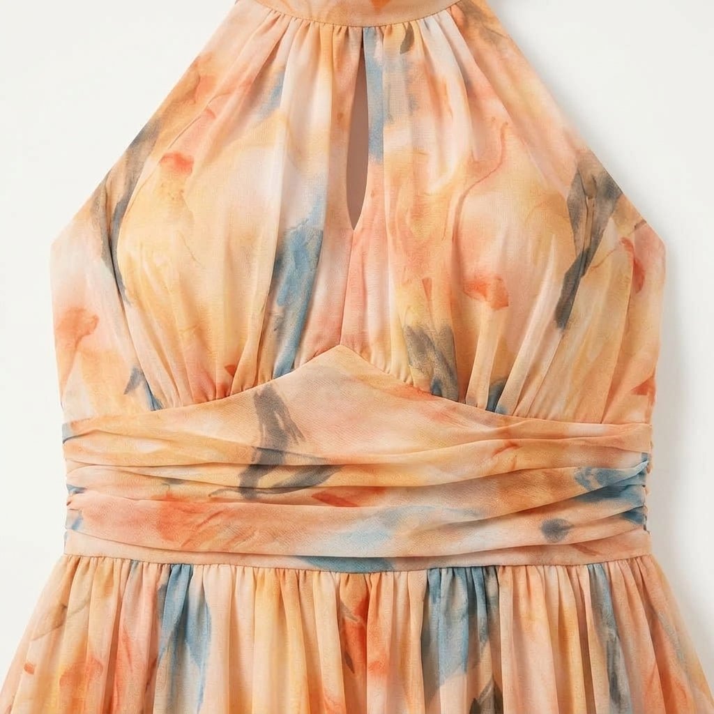 Halter Maxi Dress – Lightweight Chiffon, Watercolour Print for Summer Weddings - We are MFEO