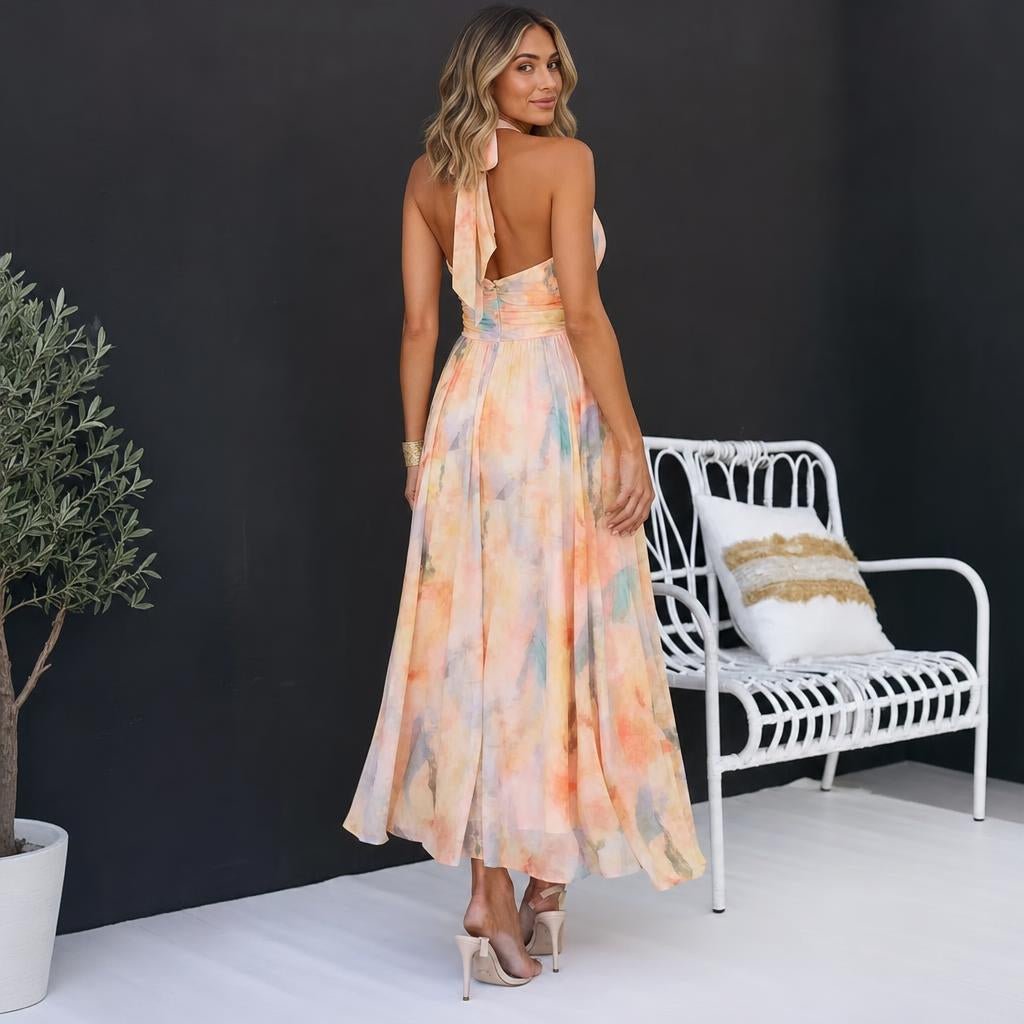 Halter Maxi Dress – Lightweight Chiffon, Watercolour Print for Summer Weddings - We are MFEO