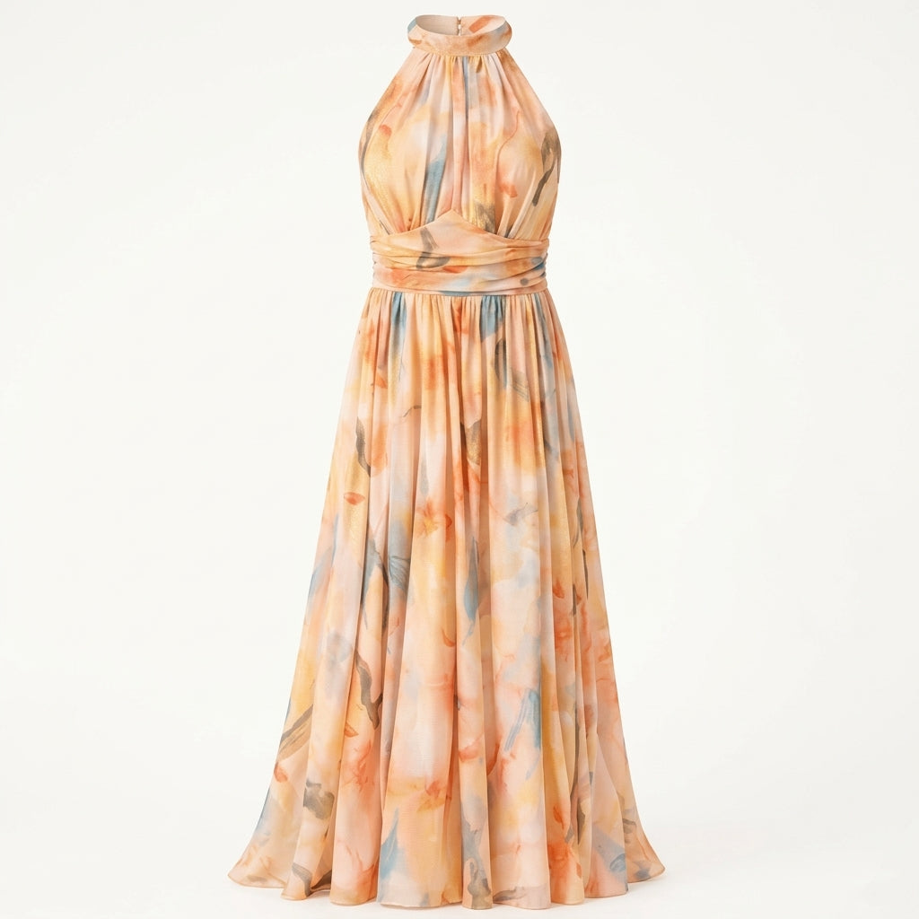 Halter Maxi Dress – Lightweight Chiffon, Watercolour Print for Summer Weddings