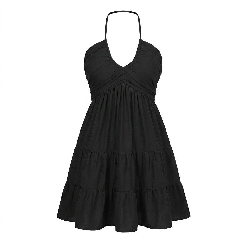 Halter V-Neck Mini Summer Dress with Ruffle Skirt and Adjustable Tie Straps - We are MFEO