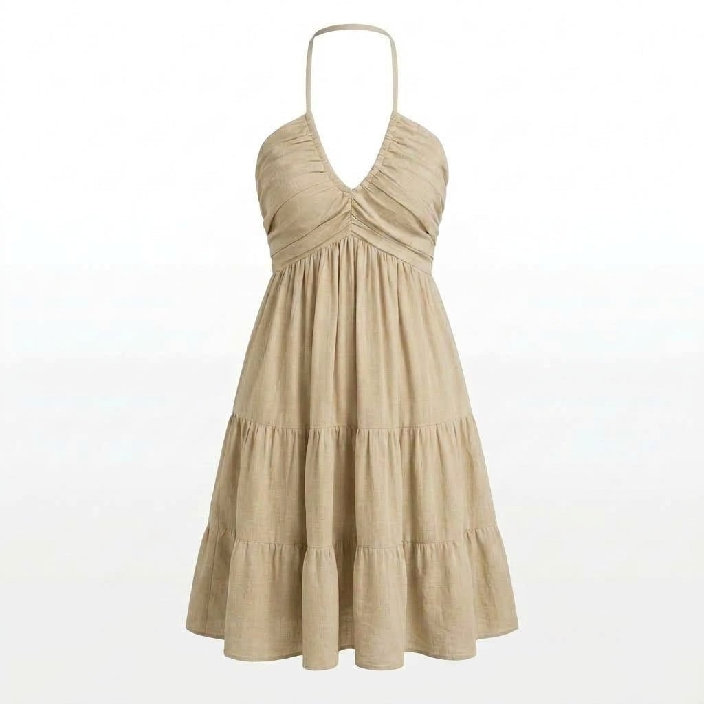 Halter V-Neck Mini Summer Dress with Ruffle Skirt and Adjustable Tie Straps - We are MFEO