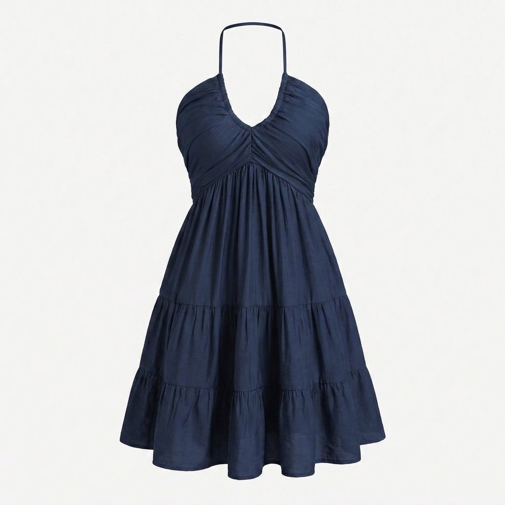 Halter V-Neck Mini Summer Dress with Ruffle Skirt and Adjustable Tie Straps - We are MFEO