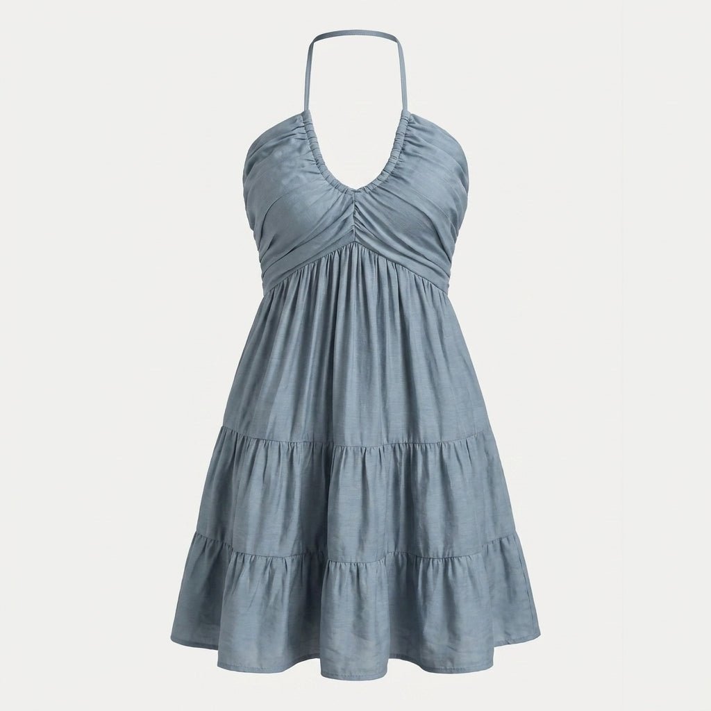 Halter V-Neck Mini Summer Dress with Ruffle Skirt and Adjustable Tie Straps - We are MFEO