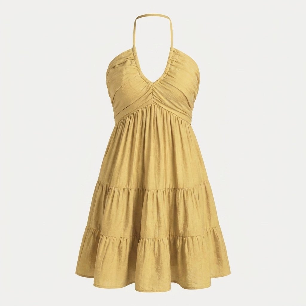 Halter V-Neck Mini Summer Dress with Ruffle Skirt and Adjustable Tie Straps - We are MFEO