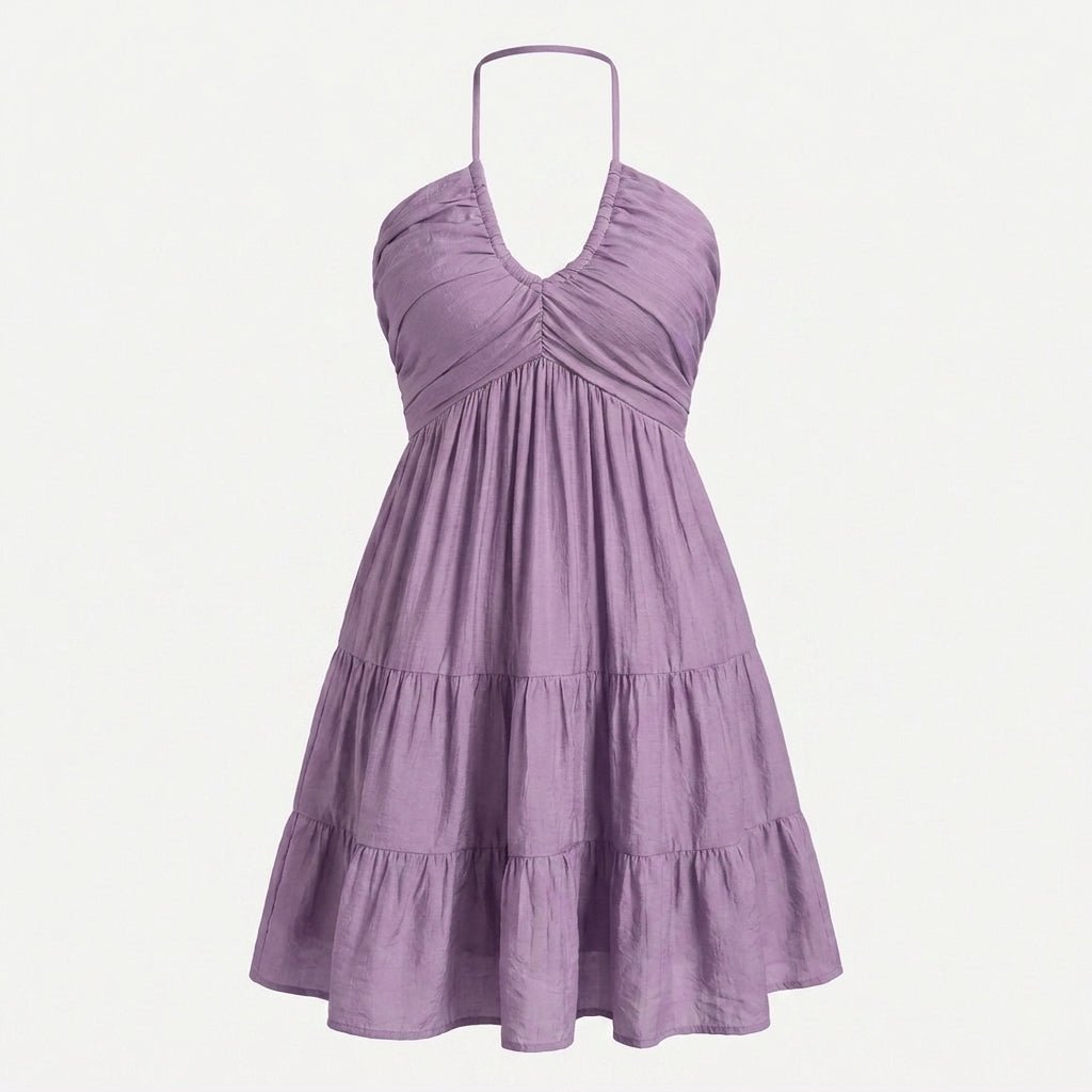 Halter V-Neck Mini Summer Dress with Ruffle Skirt and Adjustable Tie Straps - We are MFEO