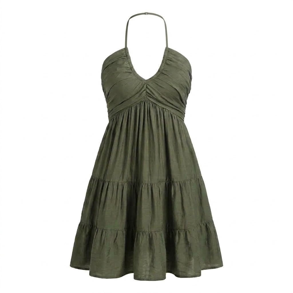 Halter V-Neck Mini Summer Dress with Ruffle Skirt and Adjustable Tie Straps - We are MFEO