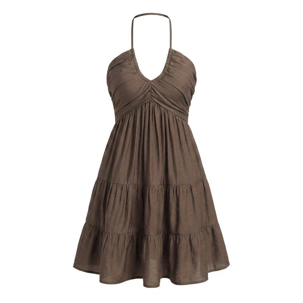Halter V-Neck Mini Summer Dress with Ruffle Skirt and Adjustable Tie Straps - We are MFEO
