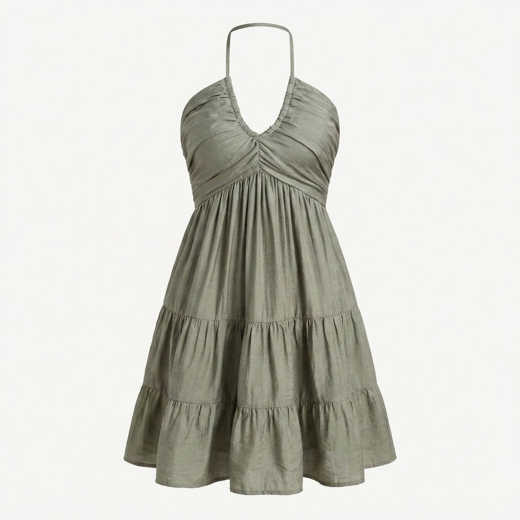 Halter V-Neck Mini Summer Dress with Ruffle Skirt and Adjustable Tie Straps - We are MFEO