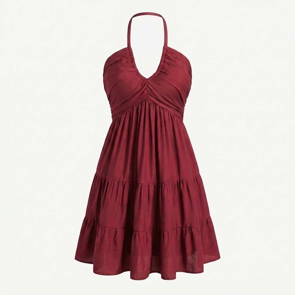 Halter V-Neck Mini Summer Dress with Ruffle Skirt and Adjustable Tie Straps - We are MFEO