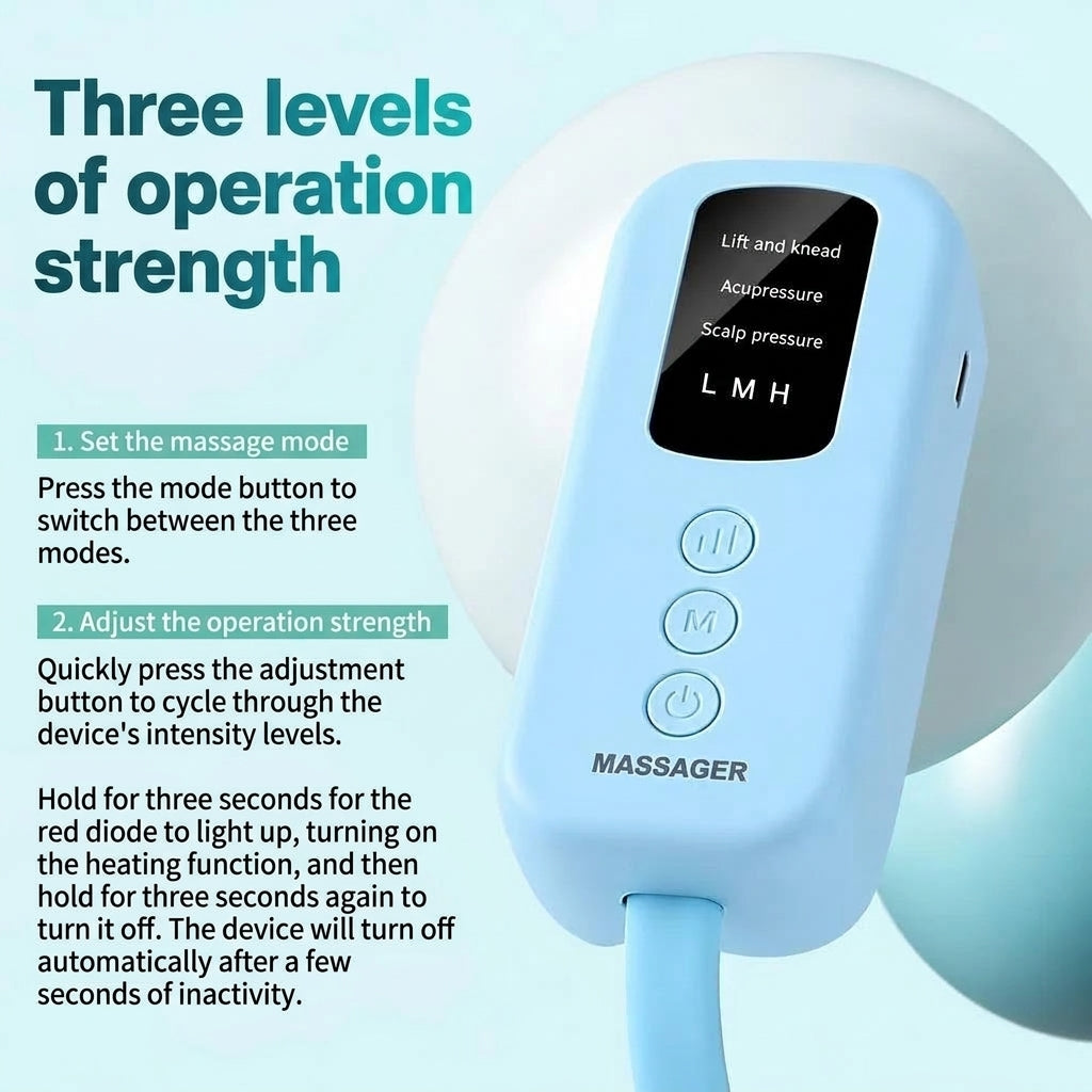A light blue head massager controller with buttons for mode and intensity, displaying settings for heat and massage types.