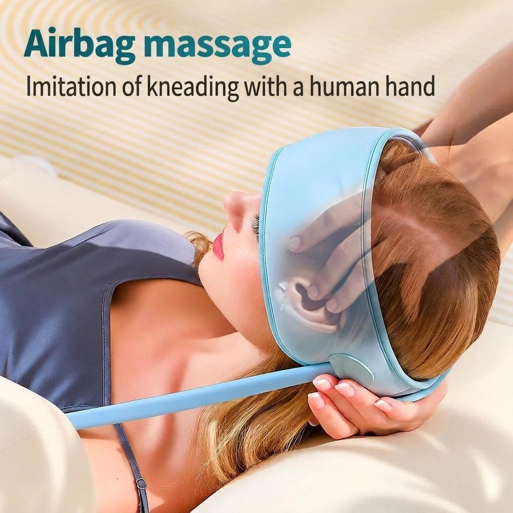 A woman lying down wearing a light blue head massager that simulates human hand kneading with air compression.