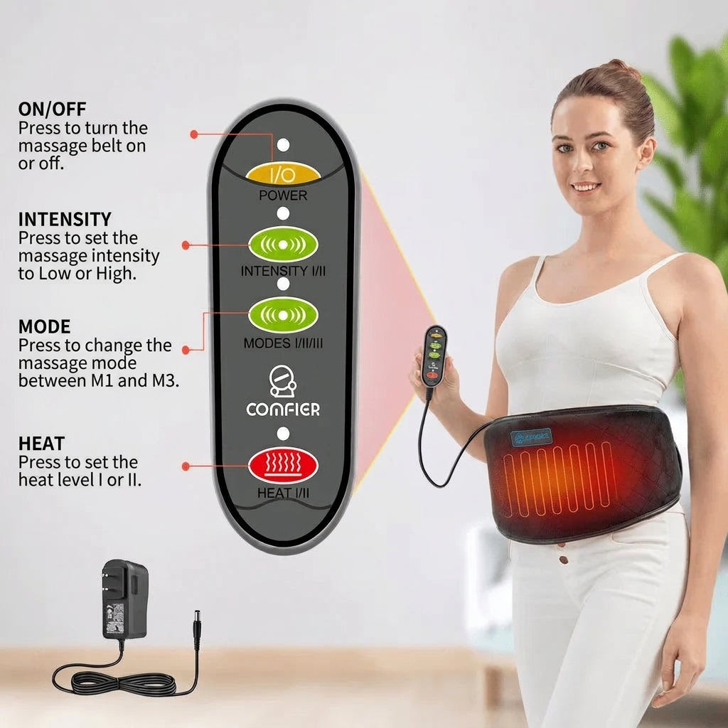 A woman wearing a heating belt with vibration massage, showing the remote control functions for power, intensity, mode, and heat.
