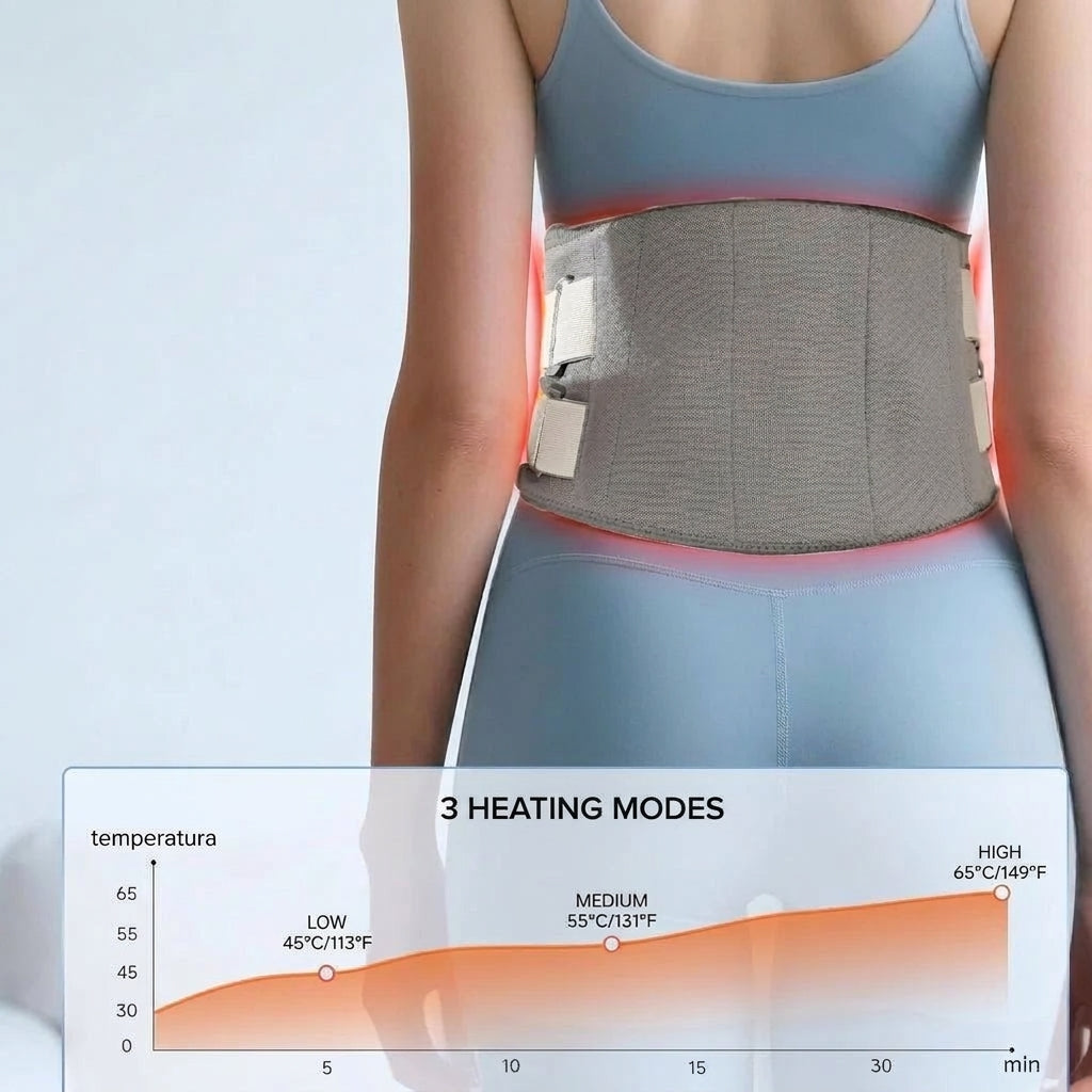 A person wearing a grey back heating pad, with a graph showing three temperature settings: low, medium, and high.