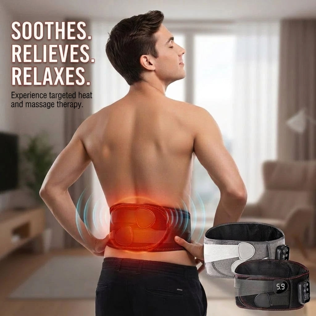 A man wearing a heated back support belt with vibration massage, showing two colour options for the device.