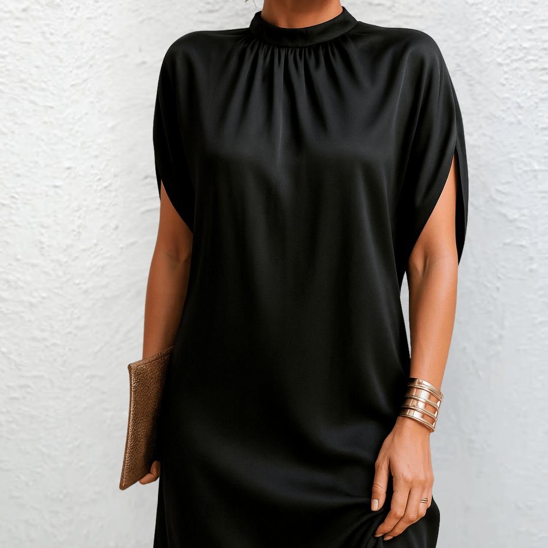High-Neck Satin Mini Cocktail Dress with Cap Sleeves for Evening Events - We are MFEO