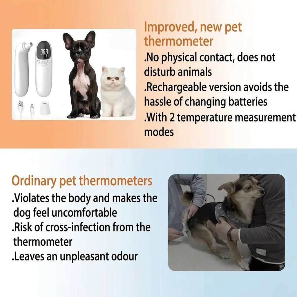 Comparison chart showing a non-contact infrared pet thermometer versus traditional invasive thermometers for pets.