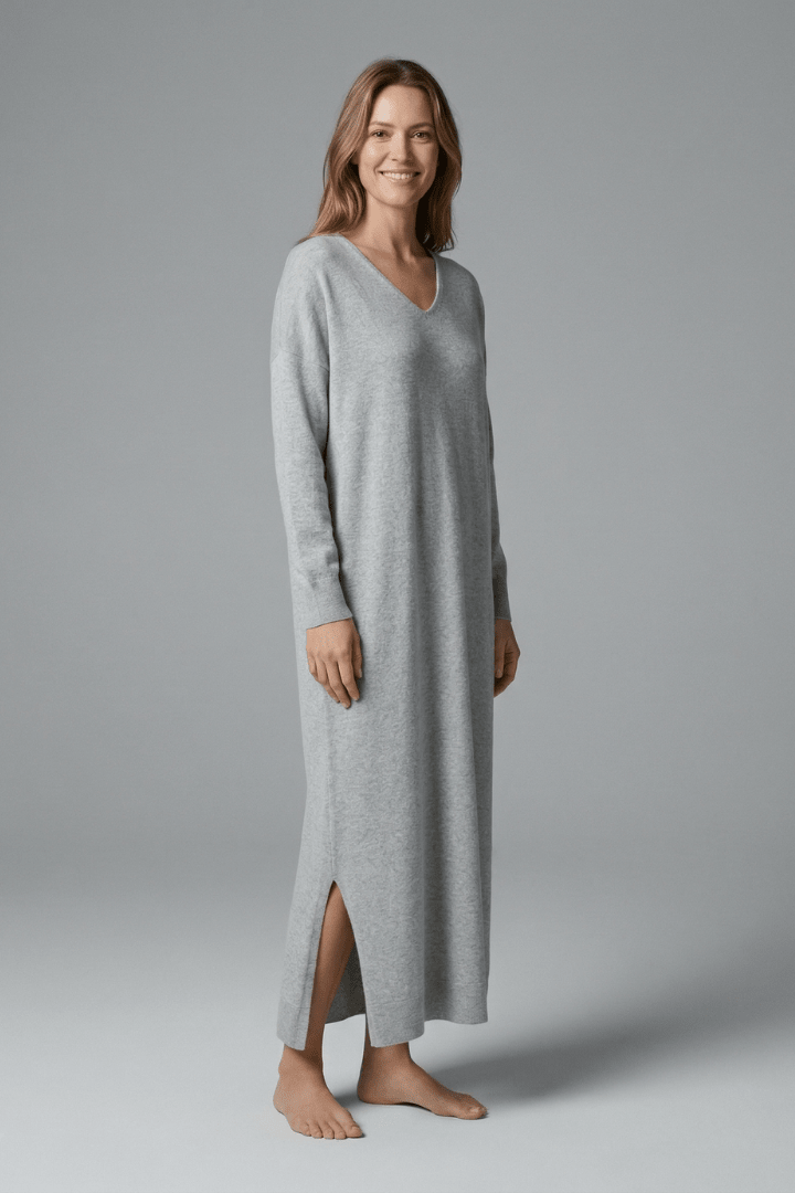 Knit Maxi Dress – Long Sleeve V-Neck Casual Wear with Side Slits - We are MFEO