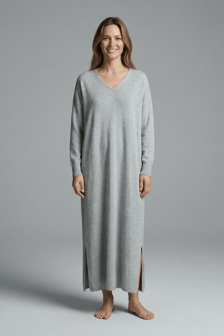 Knit Maxi Dress – Long Sleeve V-Neck Casual Wear with Side Slits - We are MFEO