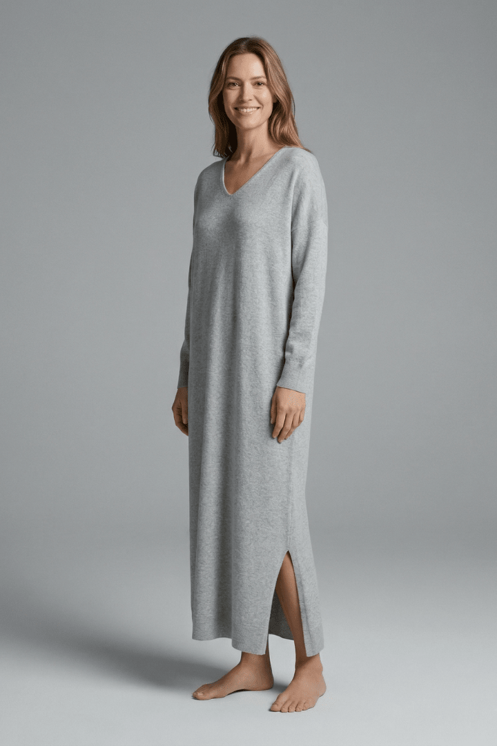 Knit Maxi Dress – Long Sleeve V-Neck Casual Wear with Side Slits - We are MFEO