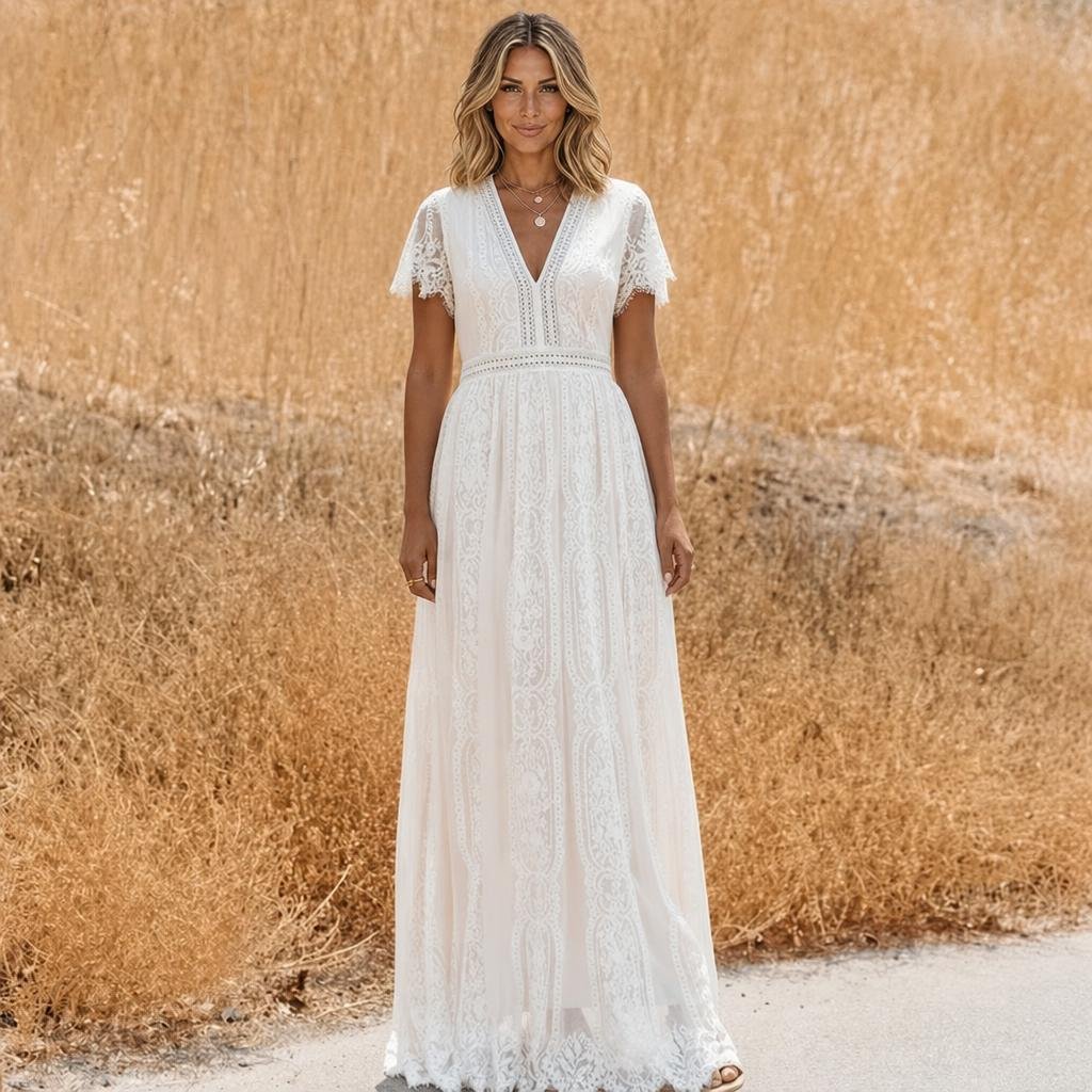 Lace Maxi Dress with V-Neck – Formal Dress for Weddings and Special Events - We are MFEO