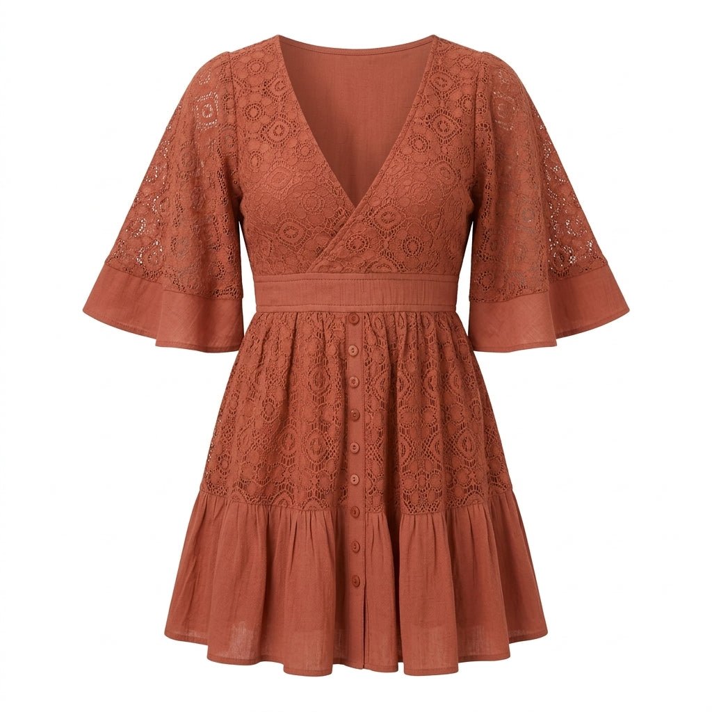 Lace Mini Dress for Summer – V-Neck, Built-In Shorts, Flared Sleeves - We are MFEO