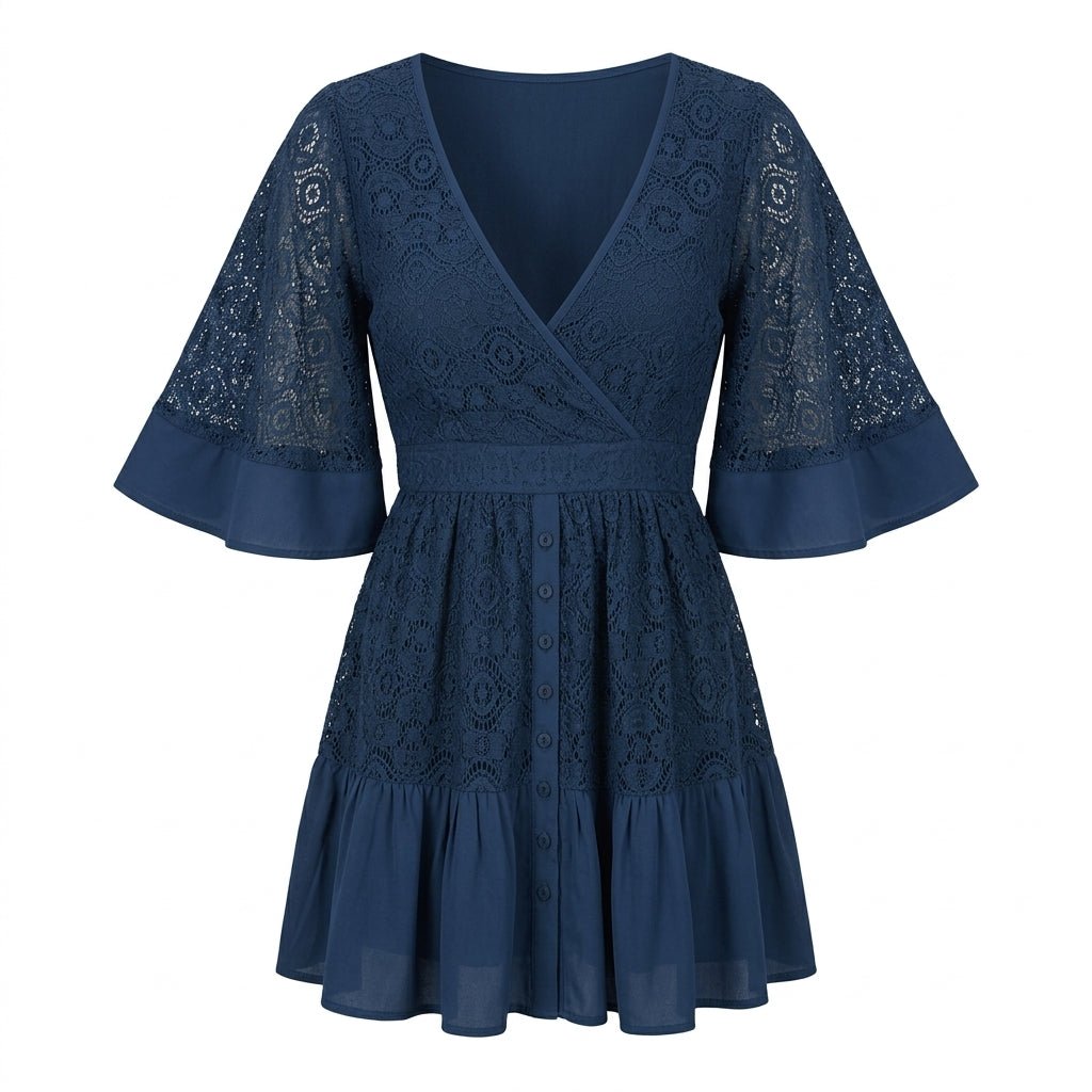 Lace Mini Dress for Summer – V-Neck, Built-In Shorts, Flared Sleeves - We are MFEO