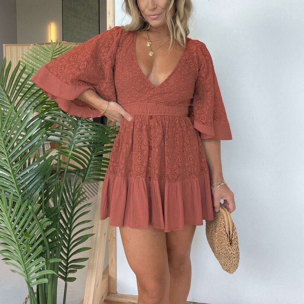 Lace Mini Dress for Summer – V-Neck, Built-In Shorts, Flared Sleeves - We are MFEO