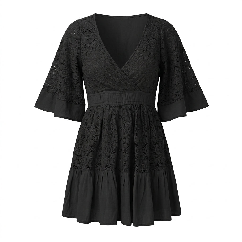 Lace Mini Dress for Summer – V-Neck, Built-In Shorts, Flared Sleeves - We are MFEO