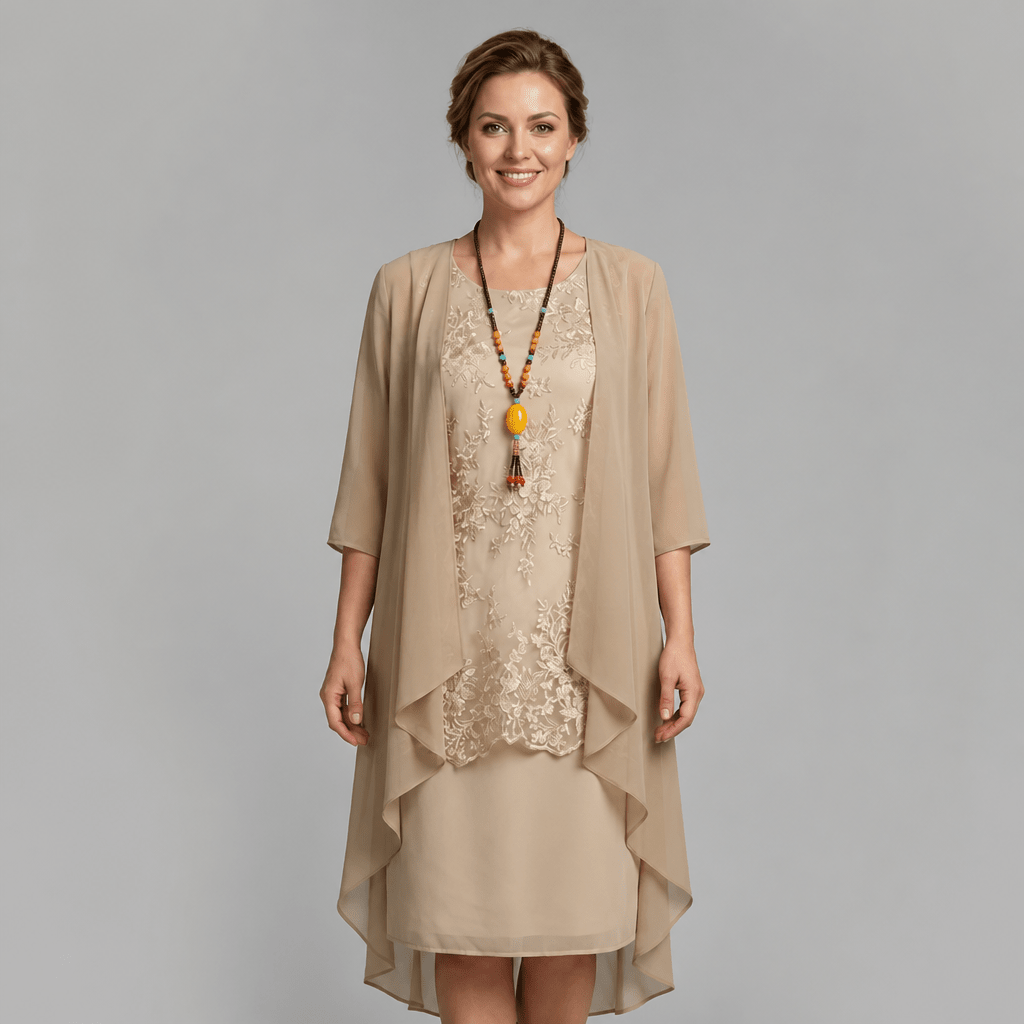 Layered Chiffon Midi Dress with Lace Overlay for Summer Cocktail Events - We are MFEO
