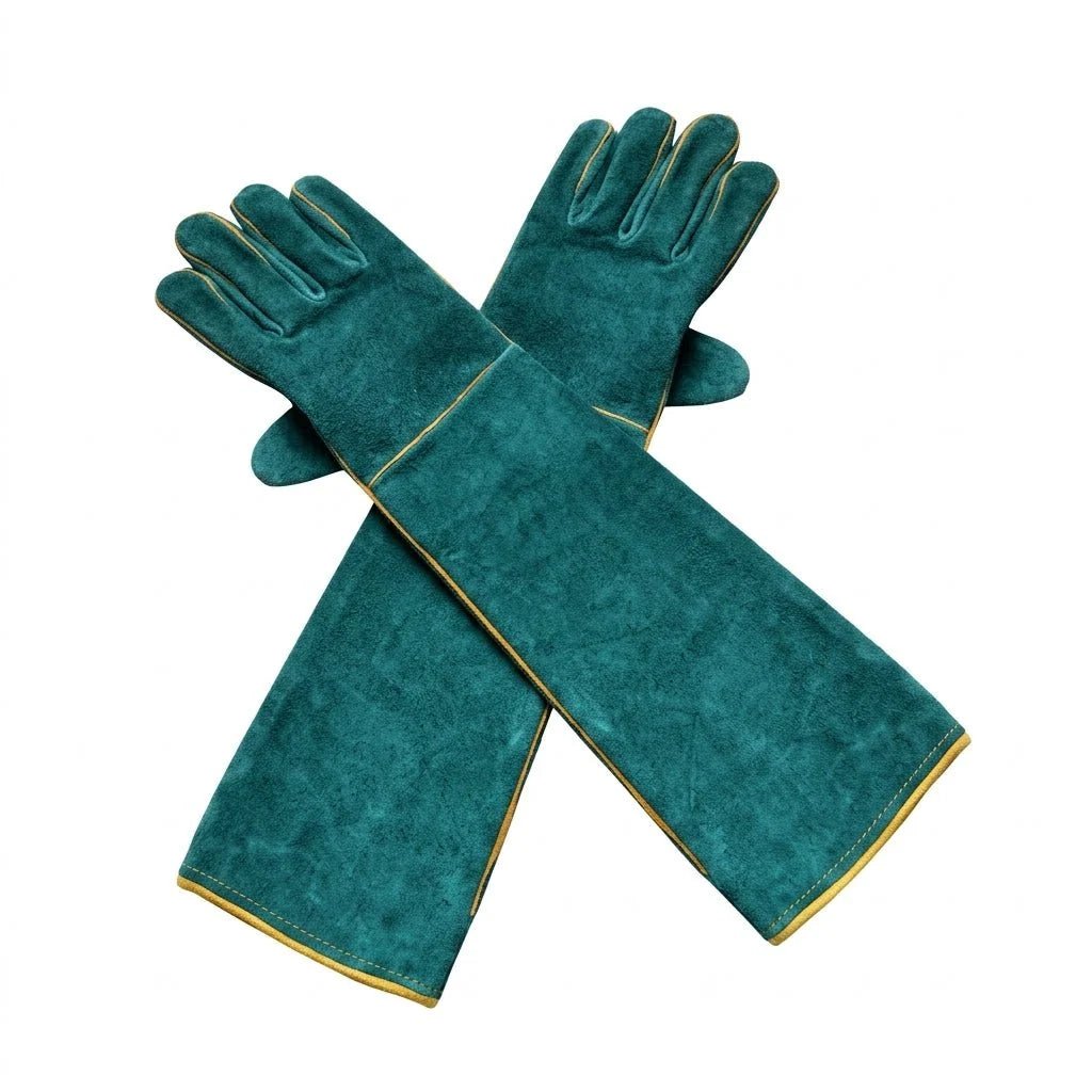 A pair of long, teal-coloured cowhide leather gloves with yellow trim, designed for animal handling.