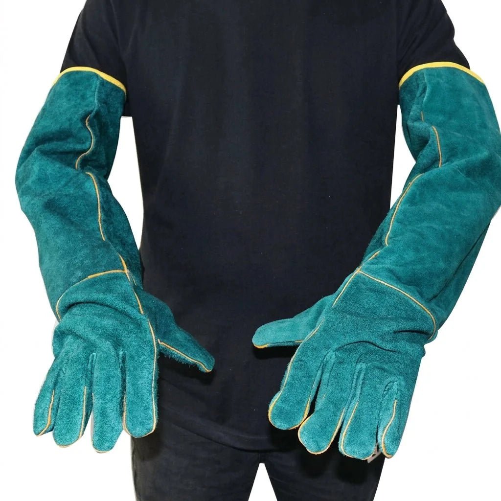 A person wearing long, teal-coloured cowhide leather protective gloves designed for handling animals.