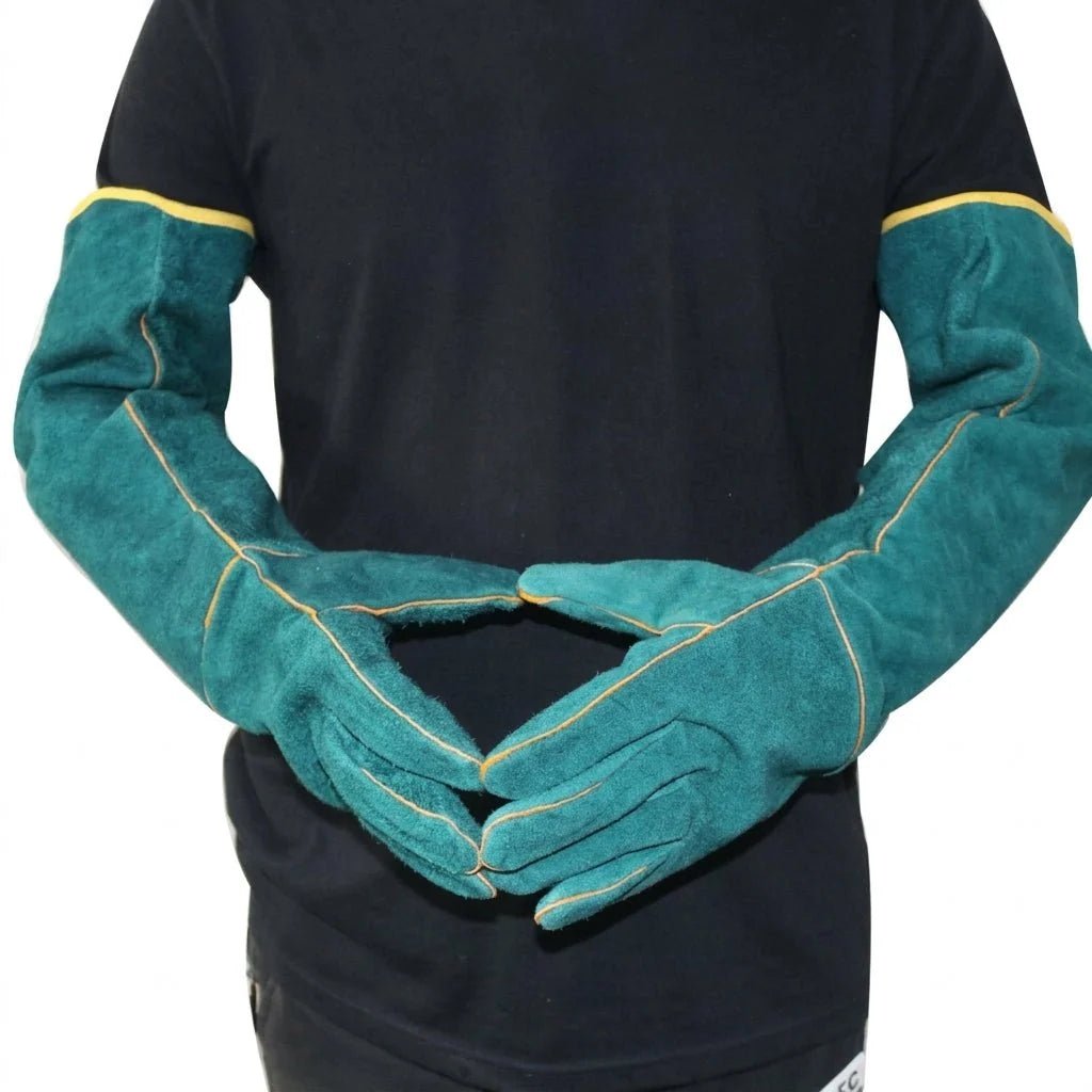 Protective animal handling gloves made of cowhide leather with extended sleeves and cotton lining.