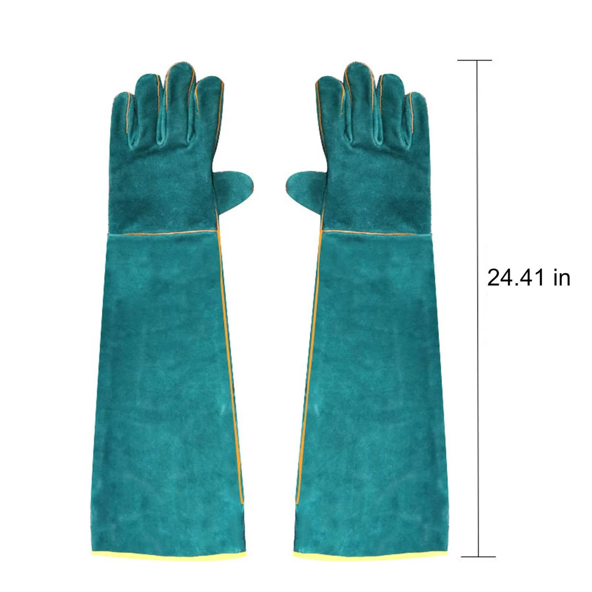 A pair of long, teal-coloured leather bite protection gloves with orange trim, measuring 24.41 inches in length.
