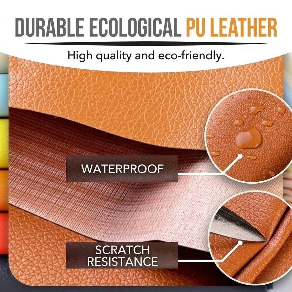 Close-up of durable PU leather repair patch showing water resistance and scratch resistance features.