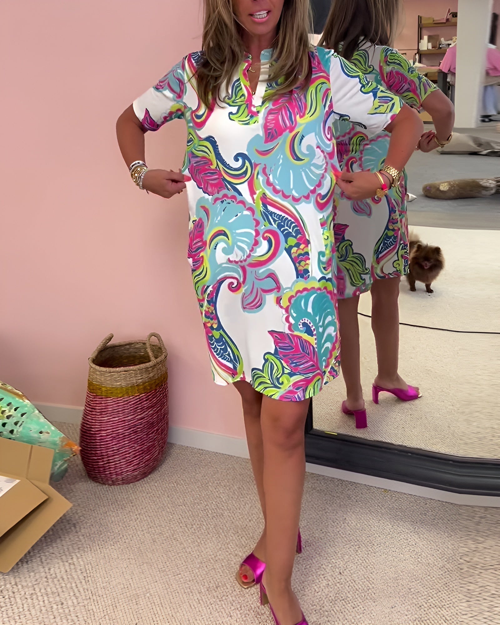 Lightweight Printed V-Neck Summer Dress with Flattering Fit - We are MFEO