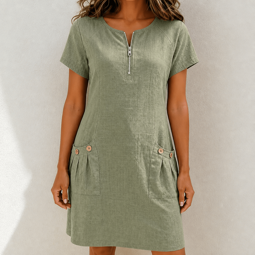 Linen A-Line Mini Summer Dress – Zip Neck and Short Sleeves - We are MFEO