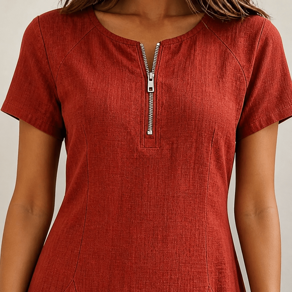 Linen A-Line Mini Summer Dress – Zip Neck and Short Sleeves - We are MFEO